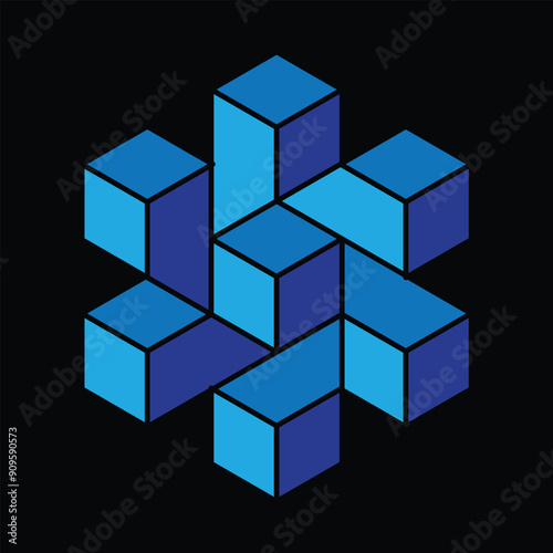 This is a 3d logo vector of a hexagonal shape made of block of cube in blue color that looks clean on a black background