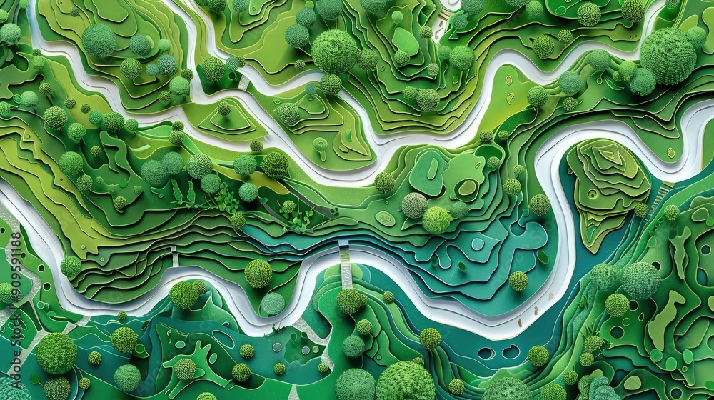 An aerial view paper cut of a forest with intertwining rivers and walking trails, showcasing sustainable tourism practices in natural settings. An aerial view paper cut of a forest with intertwining rivers and walking trails, showcasing sustainable tourism practices in natural settings.