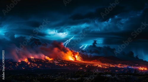 Volcanic Eruption Under a Stormy Sky