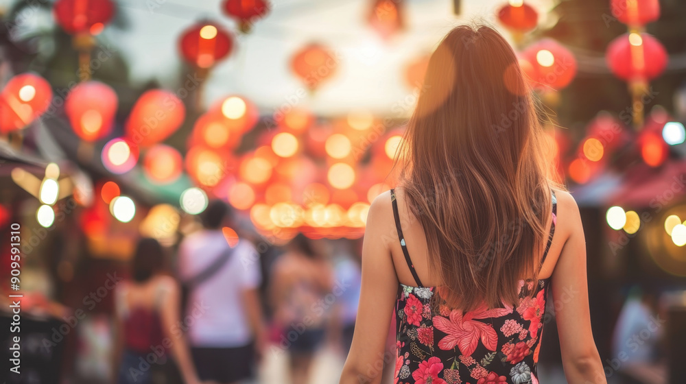 Asian woman in a floral pattern dress walking in Chinatown lined with traditional Chinese lanterns in the evening rear view shot. Asian woman in a floral pattern dress walking in Chinatown lined with traditional Chinese lanterns in the evening rear view shot.