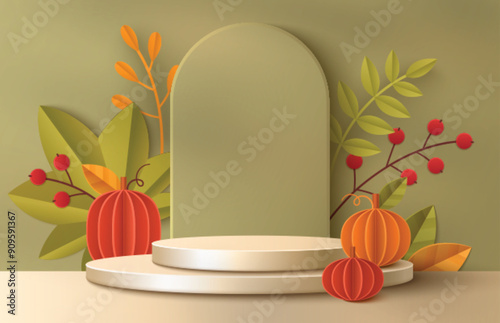 Round podium with pumpkins and leaves on green arch background. Vector realistic illustration of empty cylinder platform decorated with papercut branches, autumn harvest, Thanksgiving holiday card