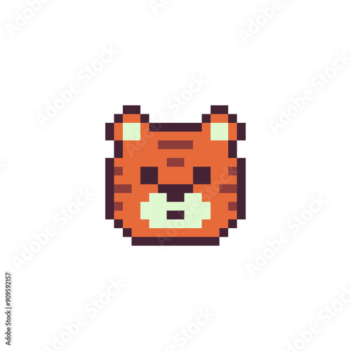 Tiger head face pixel art icon isolated on white background vector illustration. African, Indian animal. Element design for stickers, logo, embroidery, mobile app.