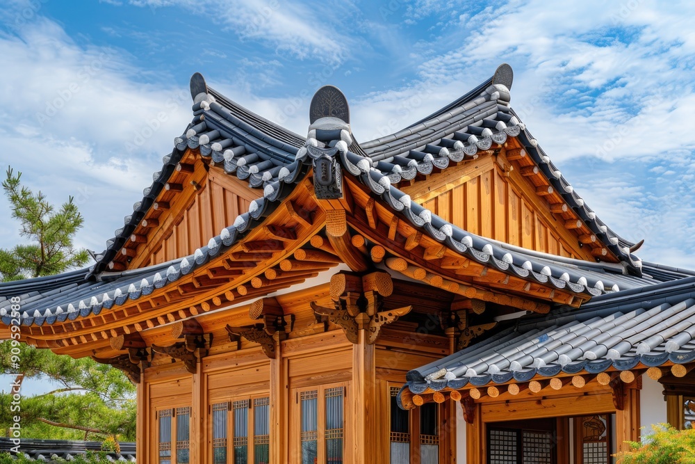 A beautiful display of traditional Korean wooden architecture with ornate details, showcasing cultural heritage. A beautiful display of traditional Korean wooden architecture with ornate details, showcasing cultural heritage.