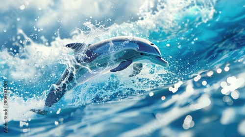 Frutiger Aero Dolphin: CG leap, blue ocean waves.
