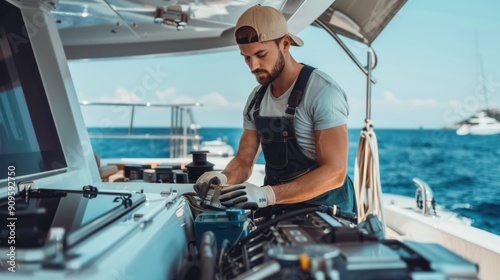 Marine mechanic conducting engine diagnostics on a yacht photo