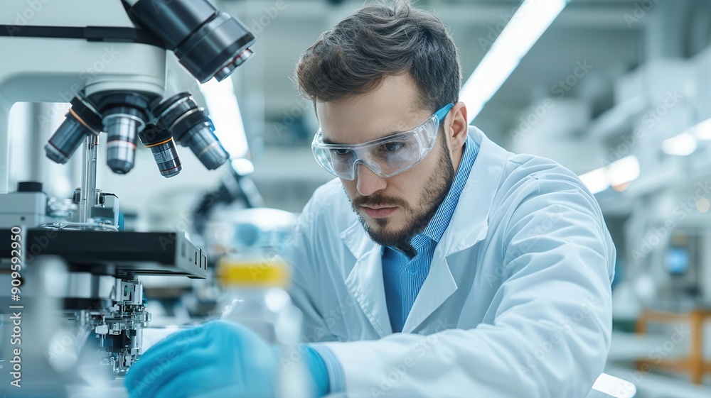 Scientist in a laboratory conducting experiments with a microscope, wearing safety goggles and gloves. Focused on research and analysis. Scientist in a laboratory conducting experiments with a microscope, wearing safety goggles and gloves. Focused on research and analysis.