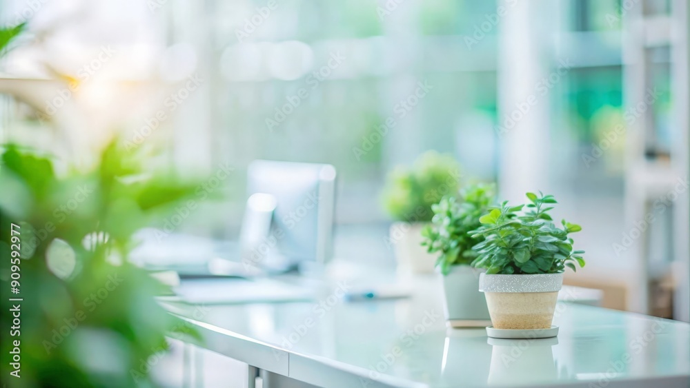 Green Workspace with Blurred Plant Accents and Natural Light
