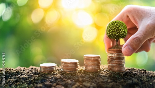 Hand Coin tree The tree grows on the pile. Saving money for the future. Investment Ideas and Business Growth. Green background with bokeh sun in the growth photo