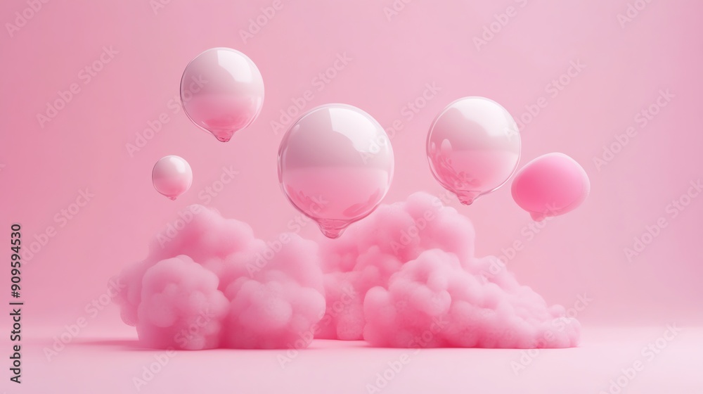 Abstract Pink Spheres Floating Above Soft Pink Clouds. Abstract Pink Spheres Floating Above Soft Pink Clouds.