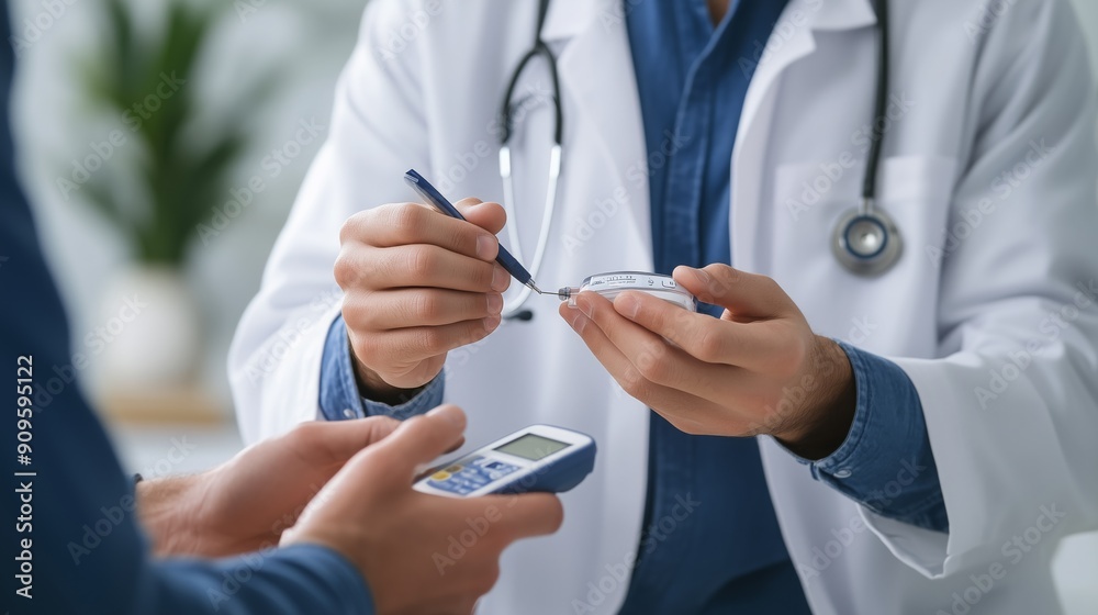 Doctor explains device usage while assisting patient with health management Doctor explains device usage while assisting patient with health management