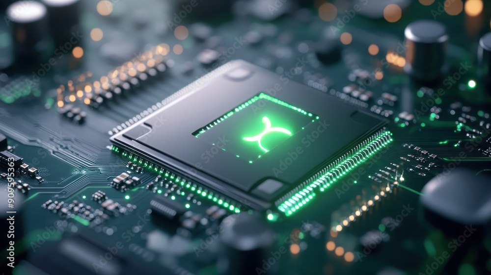 Close-up of circuit board illuminated by glowing green orb. Close-up of circuit board illuminated by glowing green orb.