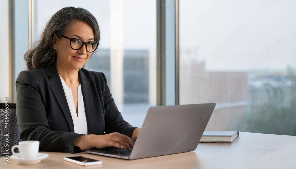 Middle age European business woman CEO using laptop application for work at table workspace in office. Smiling Latin Hispanic mature adult professional businesswoman using pc digital computer. Banner Middle age European business woman CEO using laptop application for work at table workspace in office. Smiling Latin Hispanic mature adult professional businesswoman using pc digital computer. Banner