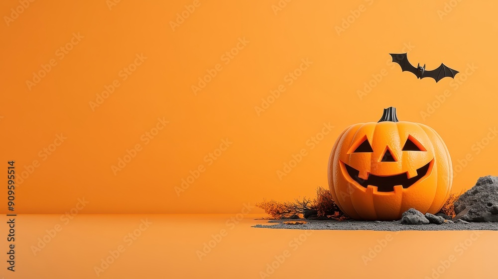 Minimalist poster with a single pumpkin and bat against a large orange moon. Minimalist poster with a single pumpkin and bat against a large orange moon.