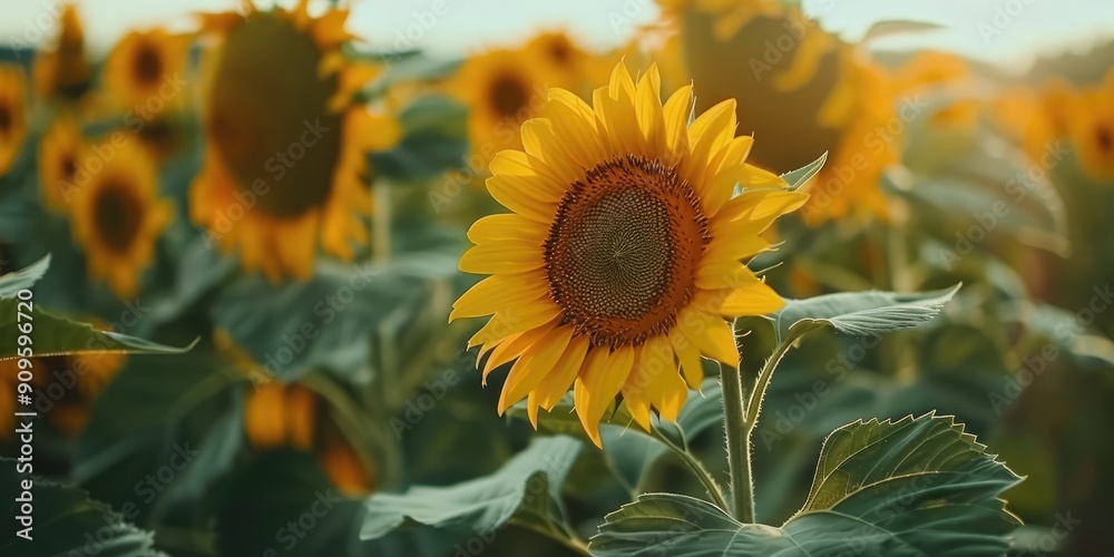 Fototapeta premium Fresh sunflowers with green leaves and vivid yellow petals in a field on farmland captured in soft focus from behind