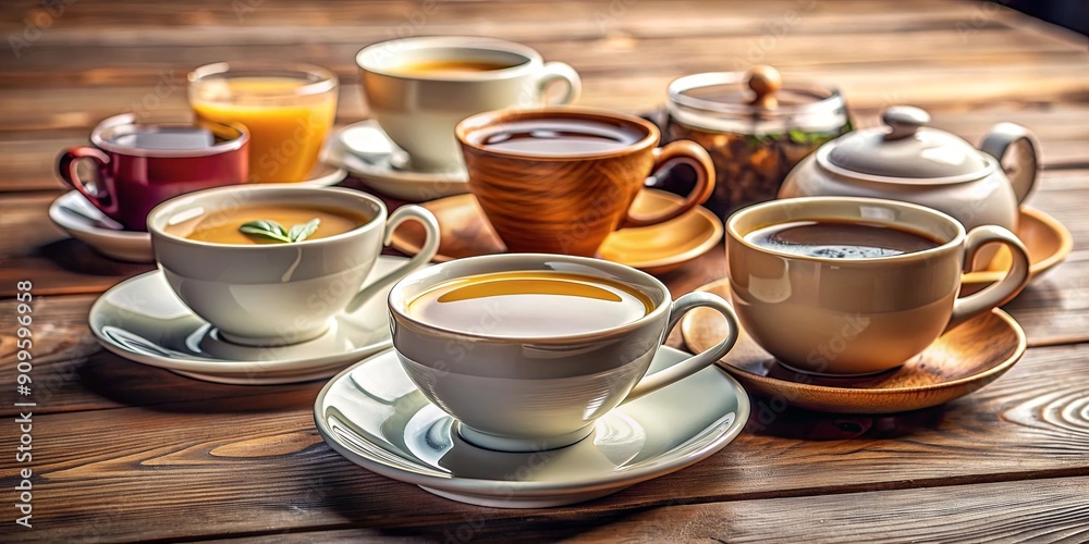 Close-up of a coffee and tea selection in elegant cups on a wooden table, beverage, hot drink, morning routine Close-up of a coffee and tea selection in elegant cups on a wooden table, beverage, hot drink, morning routine