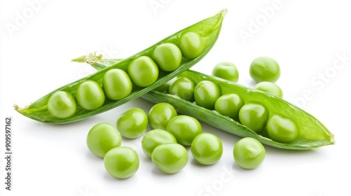 Arrangement of halved pea pods, with peas spilling out. Focus on the fresh, bright green colors, isolated on white