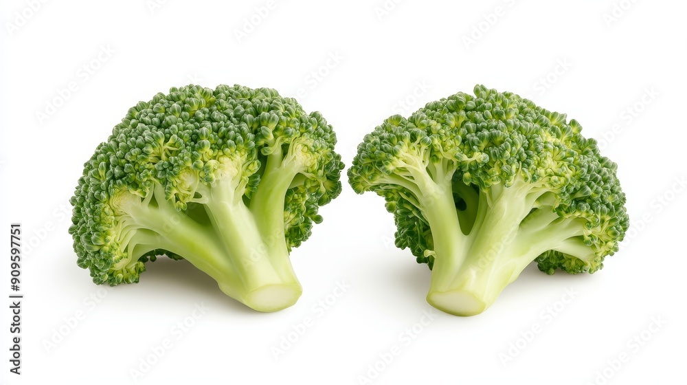 Broccoli floret split in half, revealing the intricate structure and tender inner parts. Crisp and green, set against a clean white background Broccoli floret split in half, revealing the intricate structure and tender inner parts. Crisp and green, set against a clean white background