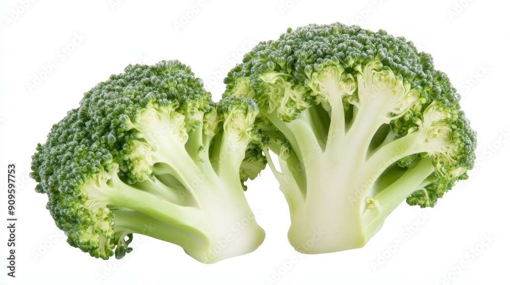 Broccoli floret split in half, revealing the intricate structure and tender inner parts. Crisp and green, set against a clean white background Broccoli floret split in half, revealing the intricate structure and tender inner parts. Crisp and green, set against a clean white background