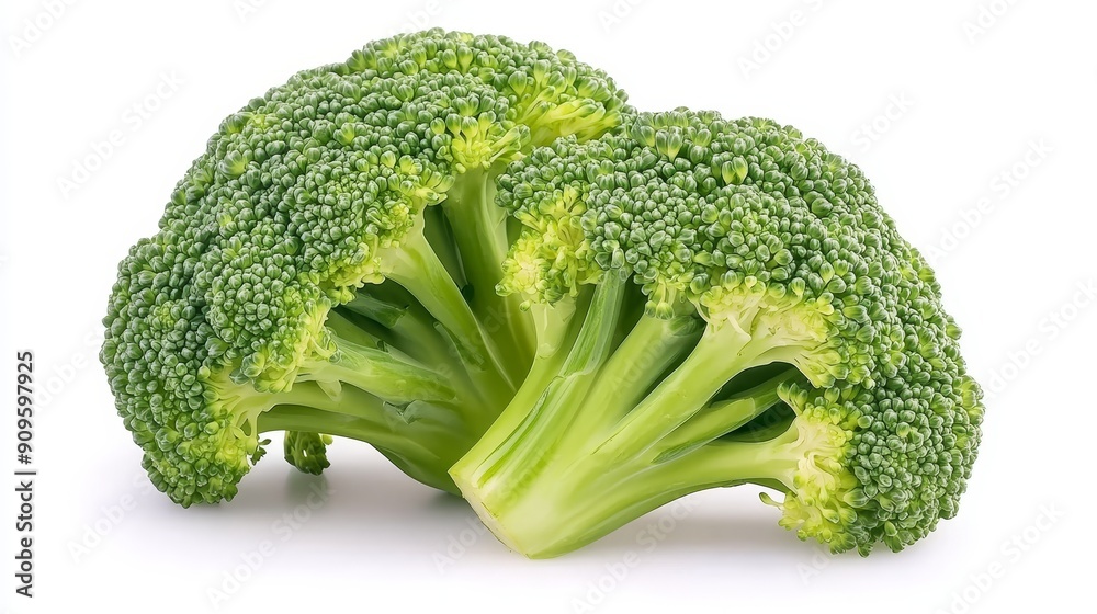 Halved broccoli head, showcasing the dense clusters of florets and branching stems. Vivid green, fresh, and isolated on a white background Halved broccoli head, showcasing the dense clusters of florets and branching stems. Vivid green, fresh, and isolated on a white background