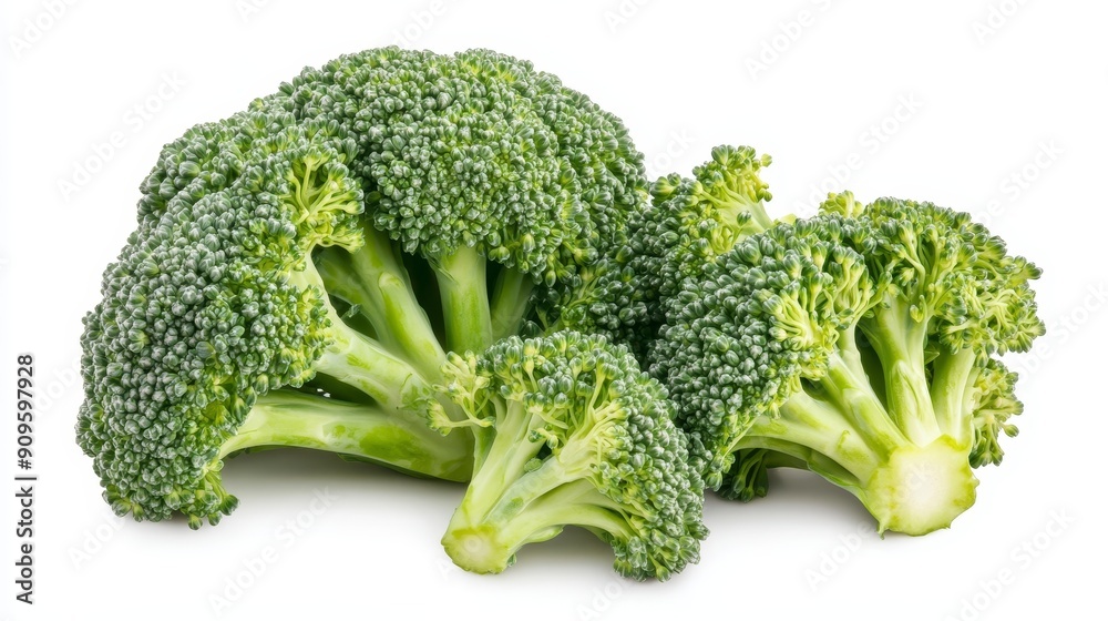 Halved broccoli head, showcasing the dense clusters of florets and branching stems. Vivid green, fresh, and isolated on a white background Halved broccoli head, showcasing the dense clusters of florets and branching stems. Vivid green, fresh, and isolated on a white background