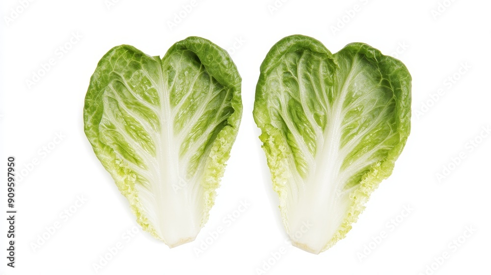 Halved romaine lettuce hearts, emphasizing the crunchy, juicy cores and vibrant green leaves. Perfectly isolated on a clean white background Halved romaine lettuce hearts, emphasizing the crunchy, juicy cores and vibrant green leaves. Perfectly isolated on a clean white background