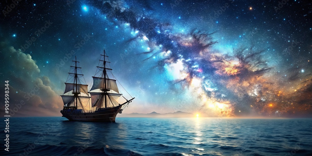 Pirate ship sailing under a galaxy and into a bioluminescence sea, Pirate, ship, sailing, bioluminescence, sea, galaxy Pirate ship sailing under a galaxy and into a bioluminescence sea, Pirate, ship, sailing, bioluminescence, sea, galaxy