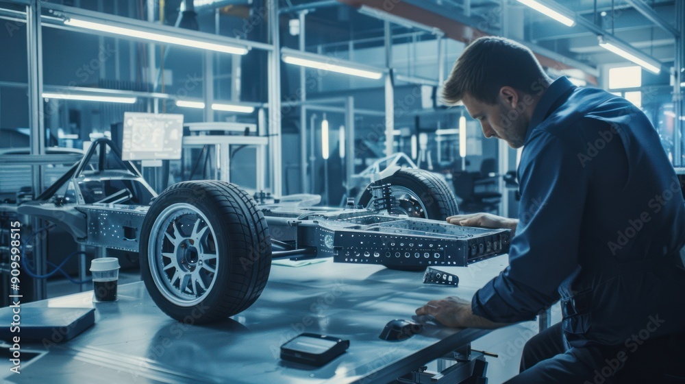 A mechanical engineer working on a CAD design of a new automotive component in a high-tech lab. A mechanical engineer working on a CAD design of a new automotive component in a high-tech lab.