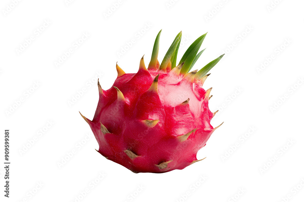 Single Red Dragon Fruit with Green Spikes Isolated