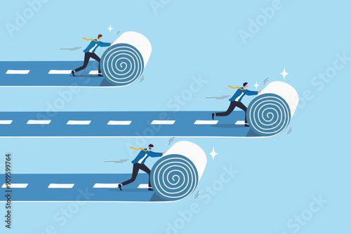 Career path development, effort or motivation to lead to success, business competition, efficiency or productivity, employee performance concept, businessman roll career road to create success path.