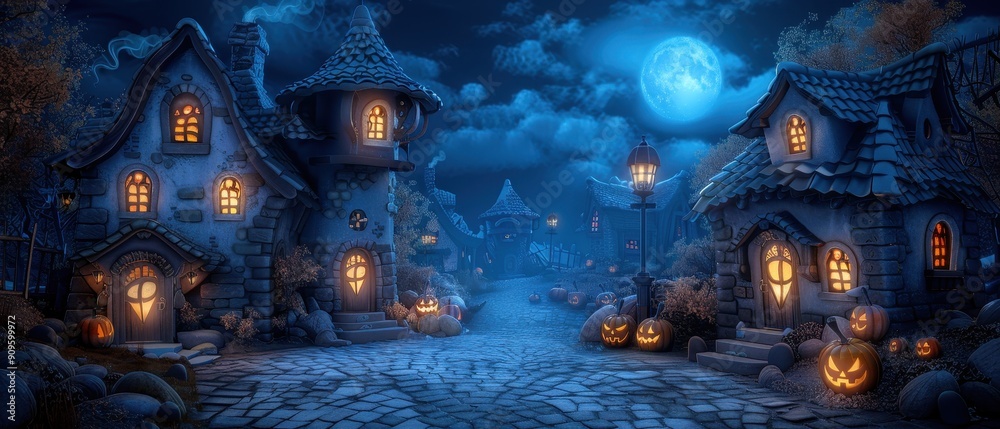 Obraz premium Enchanting Halloween village at night with glowing windows, pumpkins, and a full moon illuminating the eerie atmosphere.