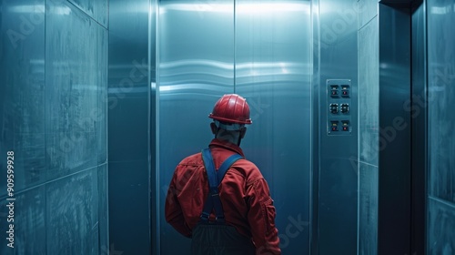 Elevator mechanic replacing elevator buttons in a residential complex