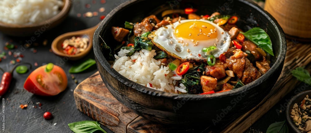 Thai basil pork stir-fry with fried egg and steamed rice served in black bowl garnished with chili and herbs Thai basil pork stir-fry with fried egg and steamed rice served in black bowl garnished with chili and herbs