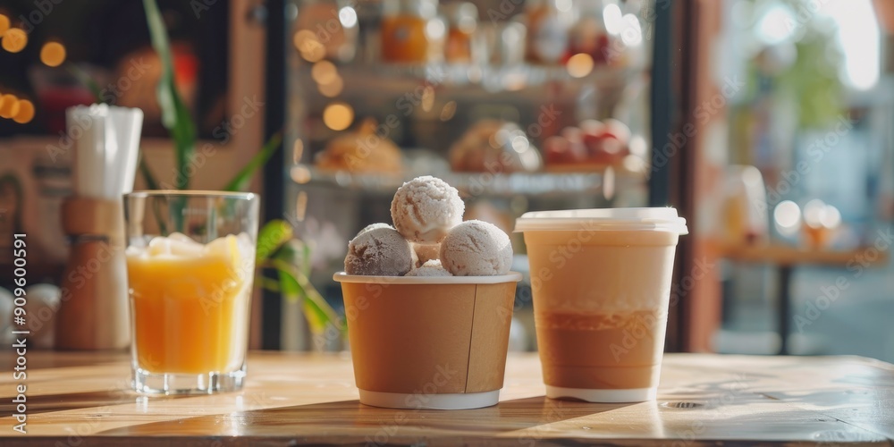A paper cup containing ice cream balls beside a cup of coffee and a glass of juice A paper cup containing ice cream balls beside a cup of coffee and a glass of juice