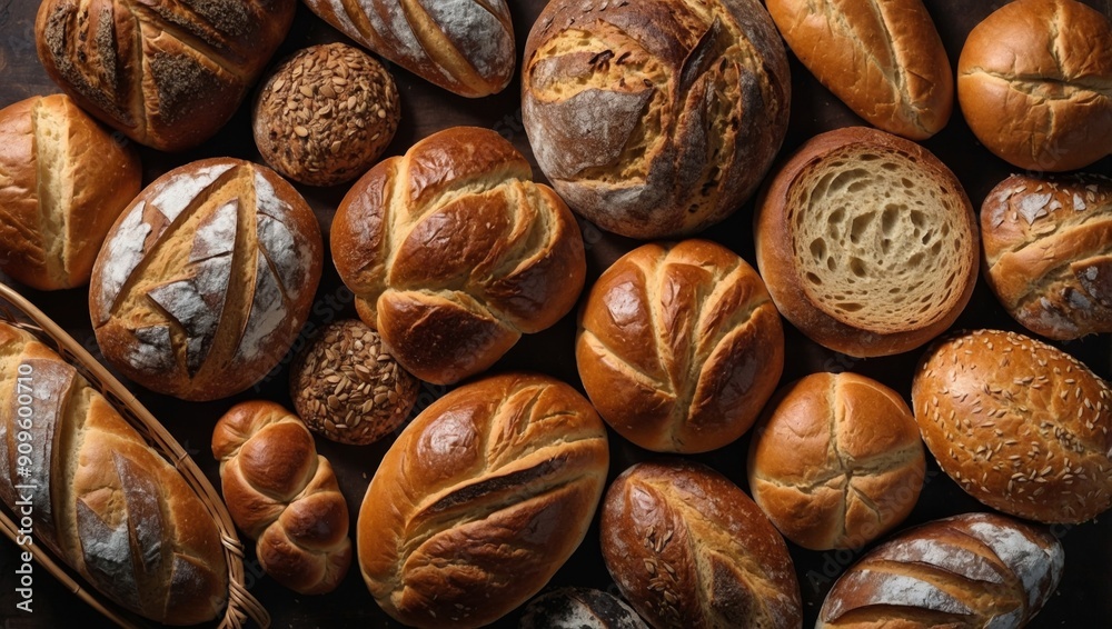 Assorted bread varieties in a charming basket, ready to be enjoyed Flat lay with copy space. Assorted bread varieties in a charming basket, ready to be enjoyed Flat lay with copy space.