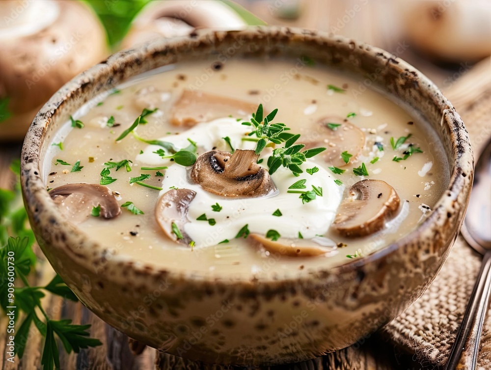 Creamy Mushroom Soup with Parsley and Thyme Garnish