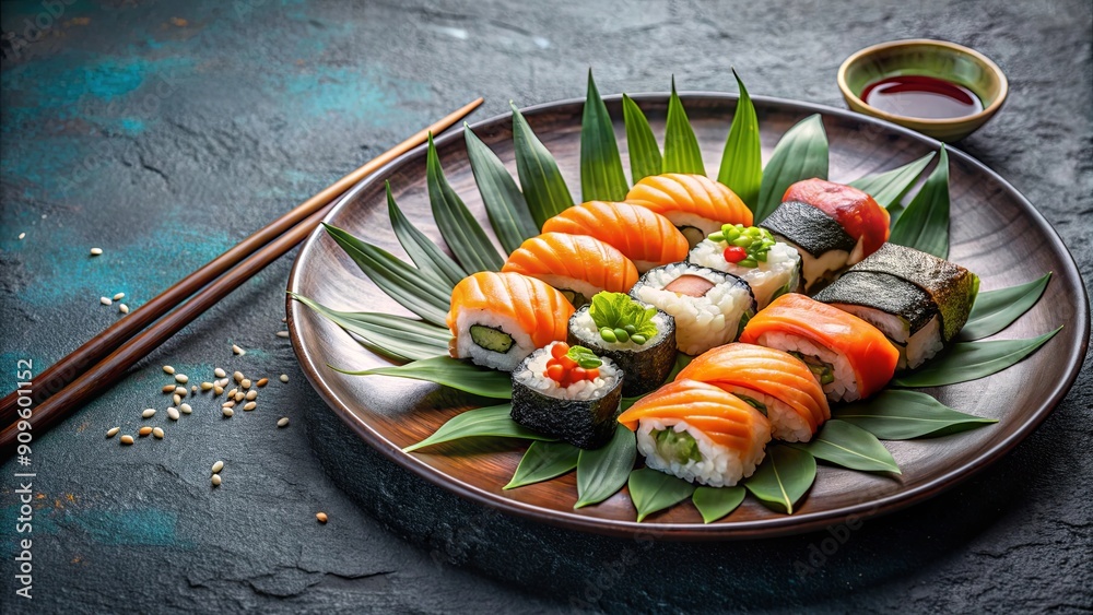 Sushi served on a stylish plate, Japanese cuisine, raw fish, rice, seaweed, food presentation Sushi served on a stylish plate, Japanese cuisine, raw fish, rice, seaweed, food presentation