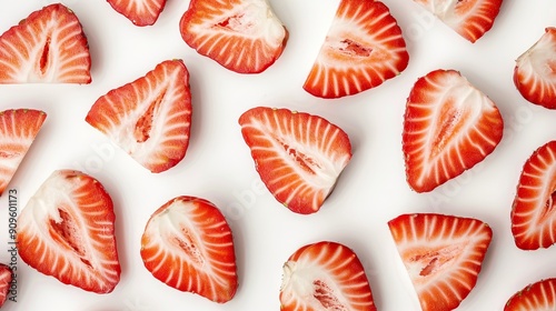 Artistic arrangement of strawberry slices, showcasing the fruit's internal structure. The juicy red and white contrast is highlighted on a clean white backdrop photo