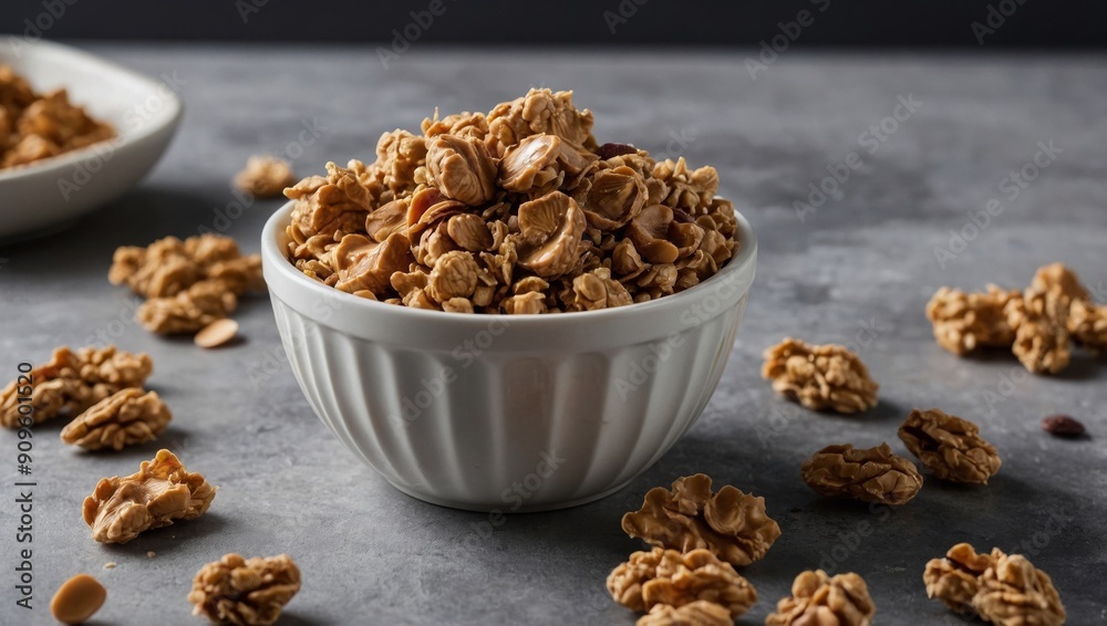Peanut butter big cluster granola in white ramekin. Peanut butter big cluster granola in white ramekin.