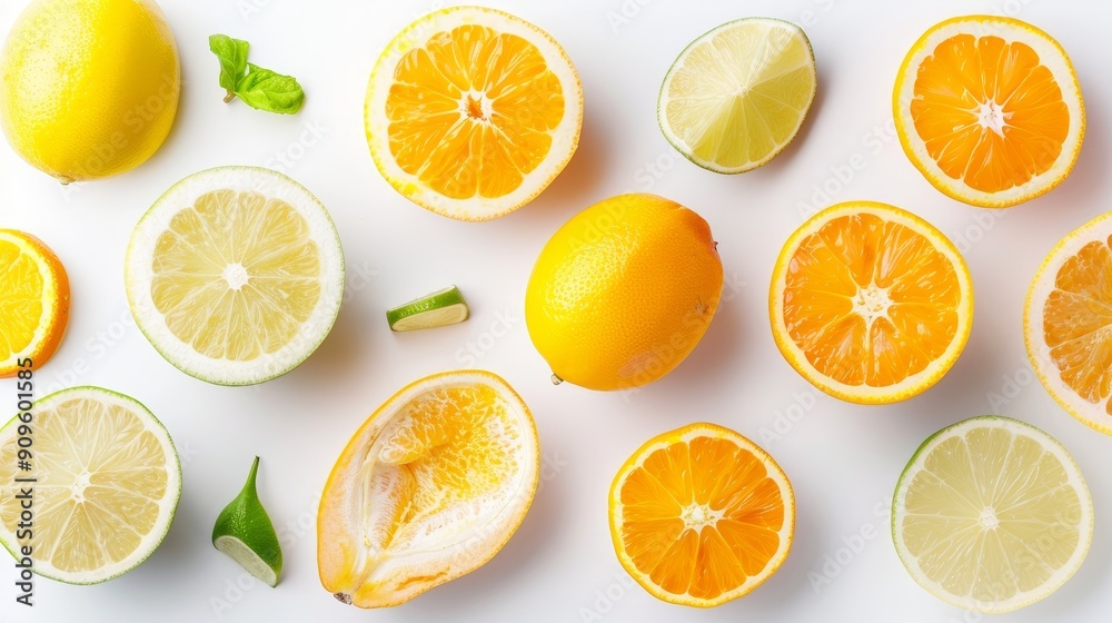 Assorted pieces of ugli fruit, including halves and slices, artfully displayed. The vibrant colors and unique textures are highlighted on a white background Assorted pieces of ugli fruit, including halves and slices, artfully displayed. The vibrant colors and unique textures are highlighted on a white background