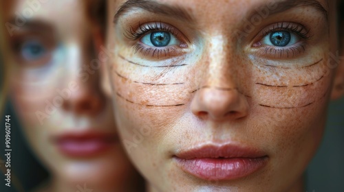 Captivating Portrait of Two Women With Striking Blue Eyes and Unique Makeup in Natural Light