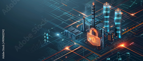 Digital Lock on Industrial Network, illustrating secure data transmission and cyber protection for factories.

