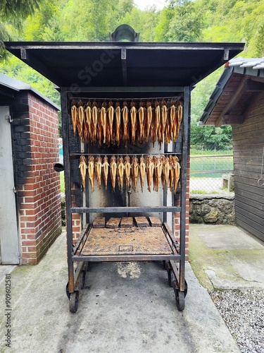 Many delicious golden smoked fish on the smokehouse shelf 