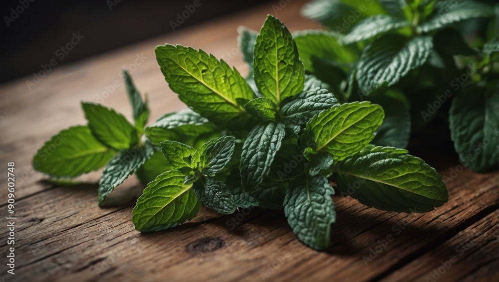 Fresh mint on wooden table, selective focus with copy space for text. Fresh mint on wooden table, selective focus with copy space for text.