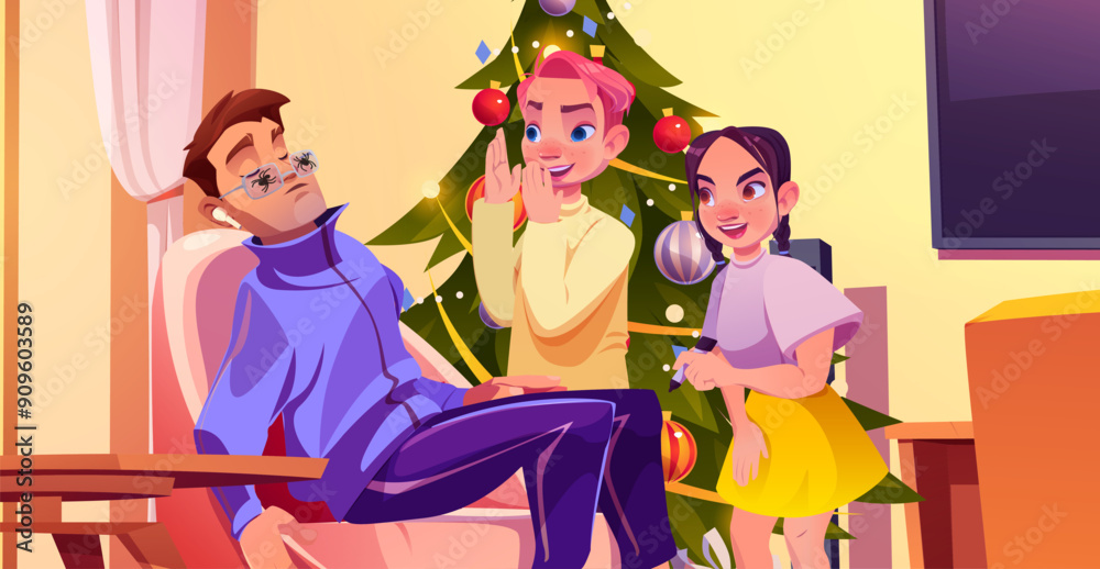 Ταπετσαρία Teen girl and boy play cruel joke on man and draw spider on glasses with marker while he sleeping in armchair in home living room interior with Christmas tree