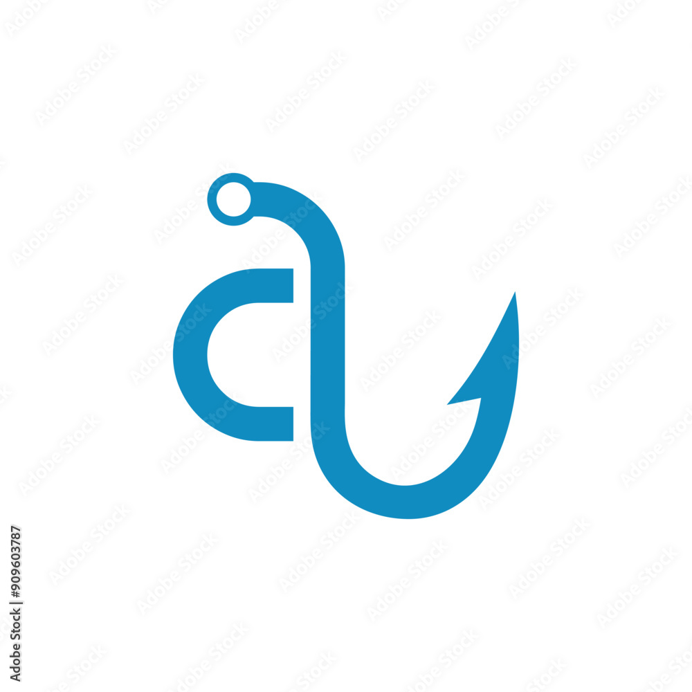 a combination of a fishing hook and a blue alphabet or initial or letter a combination of a fishing hook and a blue alphabet or initial or letter