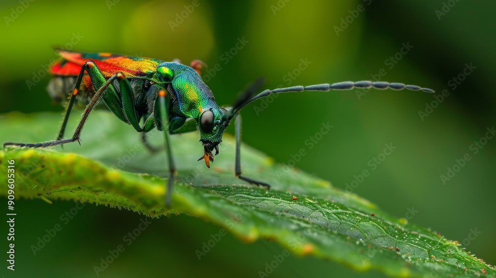 Vibrant Jewel Beetle on a Green Leaf Vibrant Jewel Beetle on a Green Leaf