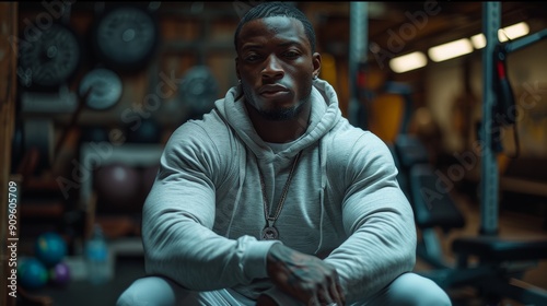 Muscular Man in Grey Hoodie Sitting Thoughtfully in Modern Gym During Evening Training Session