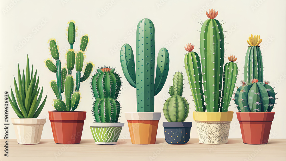 set of cacti in the pots on light colored background, succulent, houseplant, gardening, spines, illustration, cactus, botany, home interior, botanical, greenery, flowerpot, spiked, variety set of cacti in the pots on light colored background, succulent, houseplant, gardening, spines, illustration, cactus, botany, home interior, botanical, greenery, flowerpot, spiked, variety