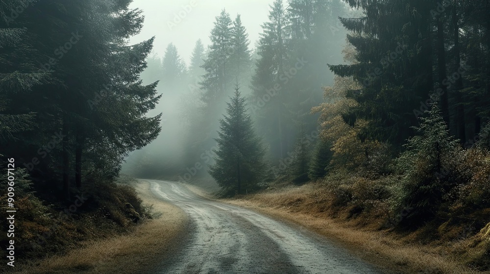 A Foggy Forest Road Winding Through Dense Trees A Foggy Forest Road Winding Through Dense Trees