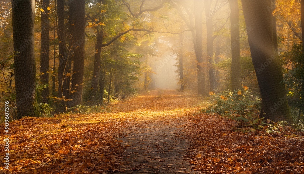 Fototapeta premium Golden Tranquility: A Forest Path Through Autumn's Rainfall autumn, forest, fall, nature, Golden Tranquility: A Forest Path Through Autumn's Rainfall autumn, forest, fall, nat, tree, landscape, leaves